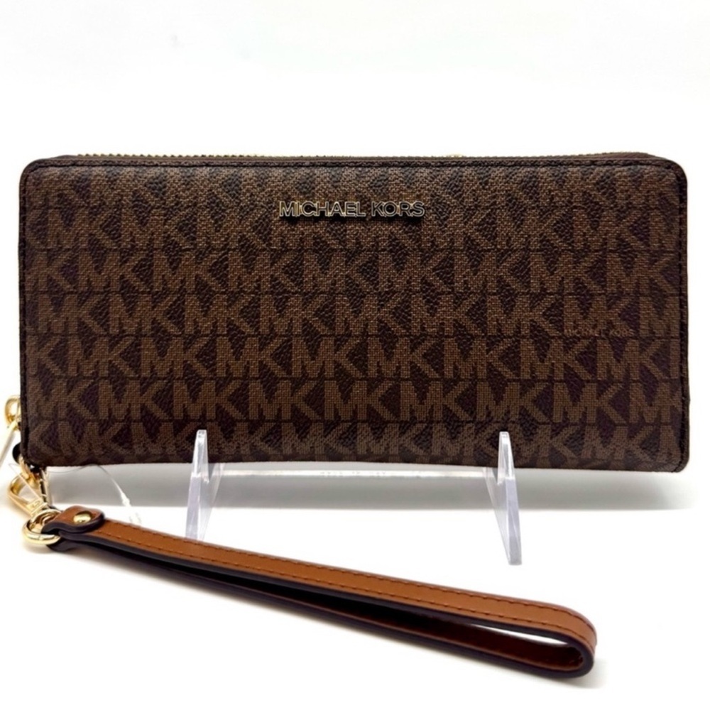 Michael Kors Large Jet Set Travel Signature Continental Wallet Wristlet Brown - Picture 2 of 8